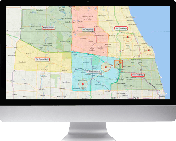 FleetTraks Route Planning by territority shown on an iMac screen