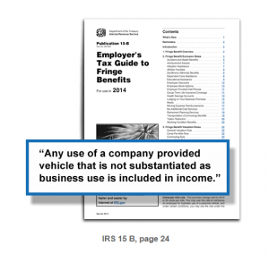 Text from IRS 15 B, Page 24 saying "Any use of a company provided vehicle that is not substantiated as business use is included in income."