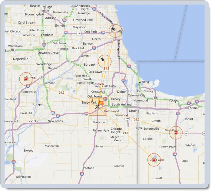 Map showing Route mapping software find the closest vehicle